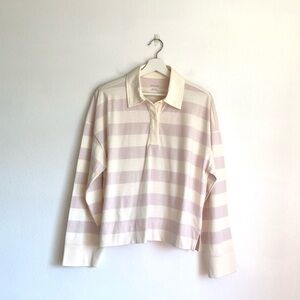 Everlane Cream and Light Pink Striped Long Sleeve Polo